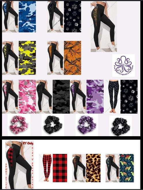 LIMITED Black With Camo Sport Stitch V Pockets &amp;  Paw Print Leggings &amp; Hair Scrunchies 💜