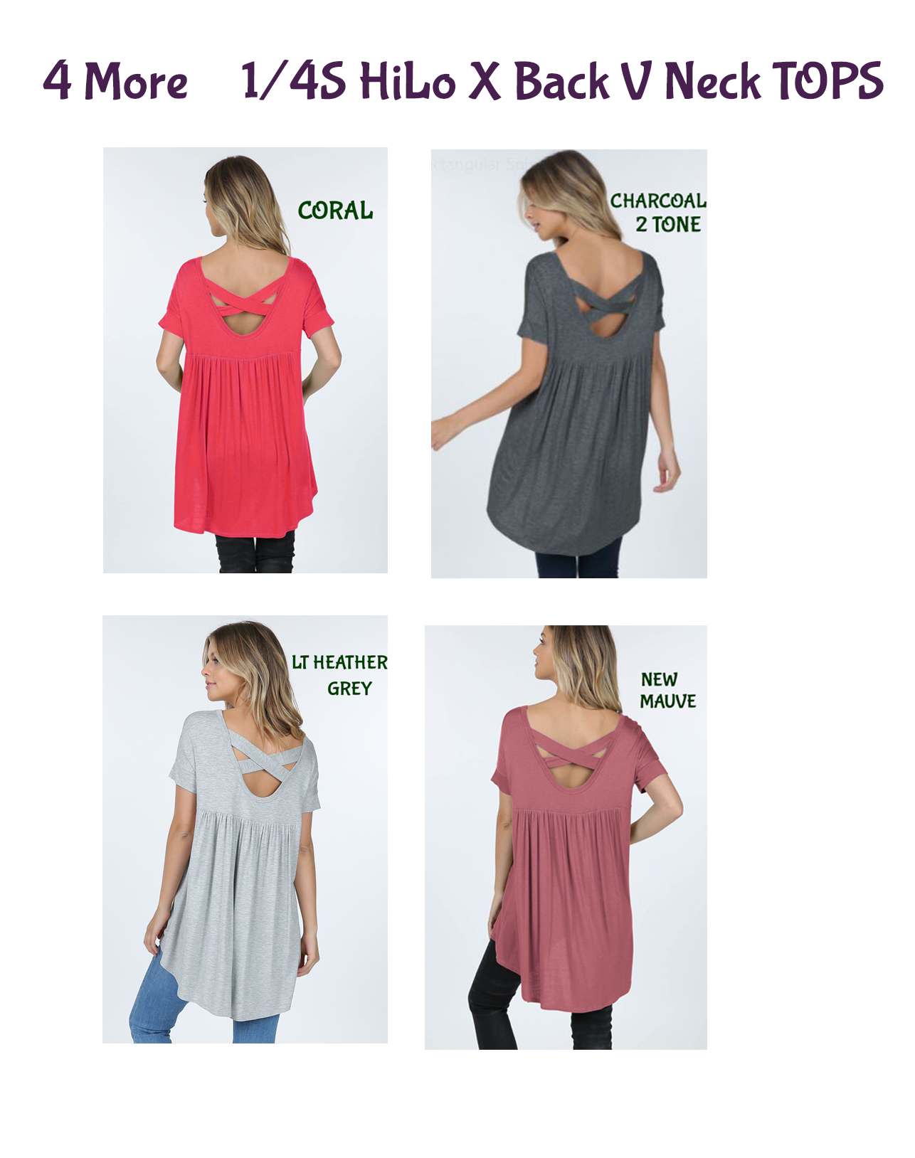 10004 1/4S HiLo X Back V Neck TOPS 325-328