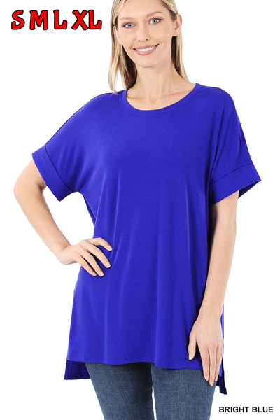 11084 1/4S Rolled R Neck HiLo Side Slit TOP in BRIGHT BLUE HQ-N2C