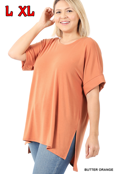 11085 1/4S Rolled R Neck HiLo Side Slit TOP in BUTTER ORANGE HQ-N8C