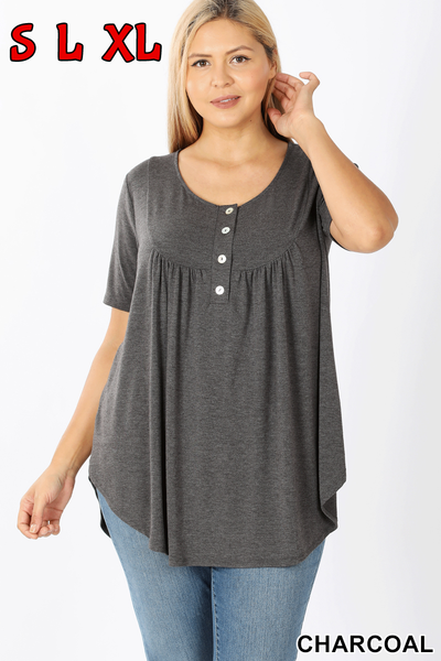 4383 1/4S Round Hem Yoke Neck TOP in CHARCOAL HQ-N18A