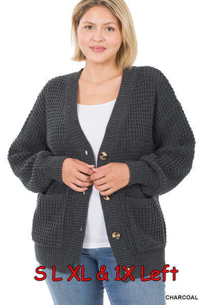 50035 4/4S Waffle CARDIGAN w PKTS in CHARCOAL HQ-Z