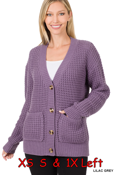 50038 4/4S Waffle CARDIGAN w PKTS in LILAC GREY HQ-N128B