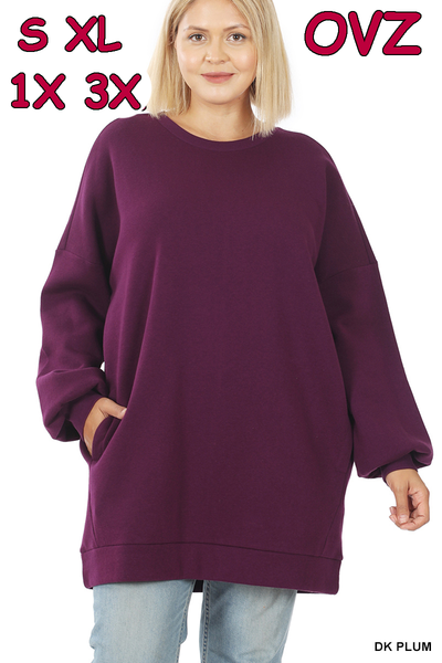 50040 4/4S OVZ LL R Neck SWEATSHIRT w PKTS in DK PLUM HQ-G34B