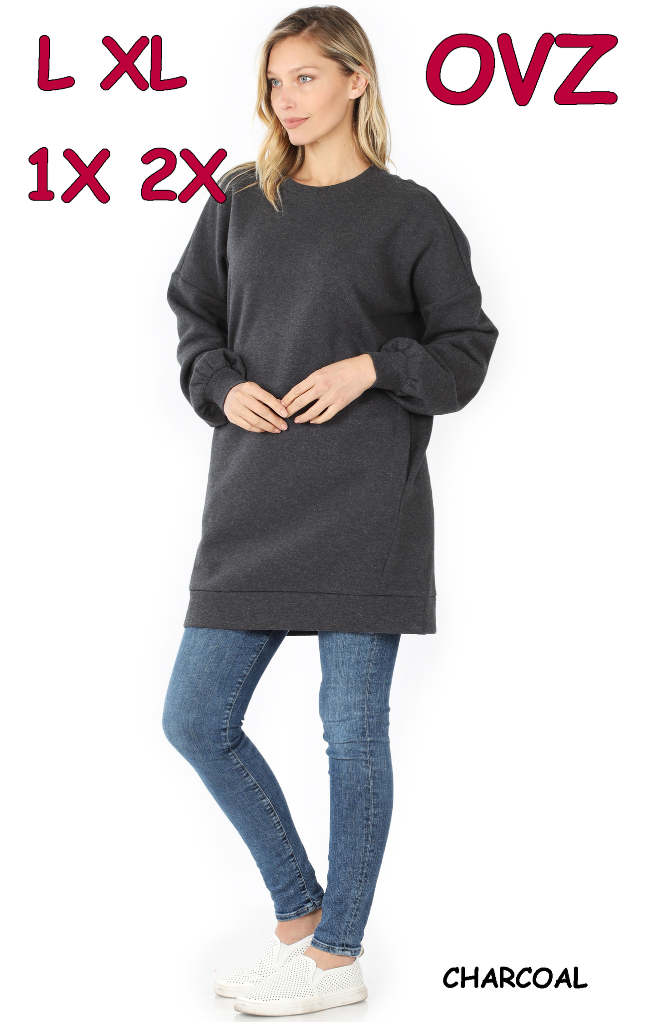 5235 4/4S OVZ LL R Neck SWEATSHIRT w PKTS in CHARCOAL HQ-F38C