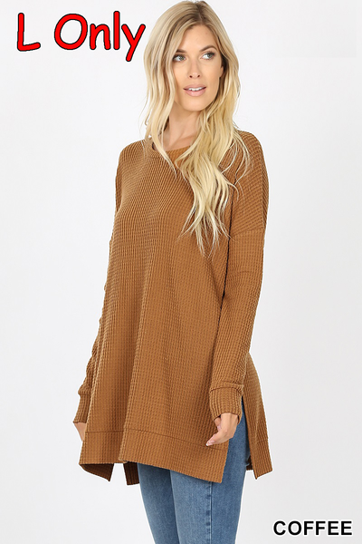 639 4/4S Thermal Waffle R Neck SWEATERS w SS in COFFEE HQ-G47T