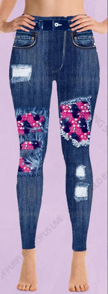 7323 Denim Look w/ Pink Floral DESIGNER LEGGINGS HQ-E32T G