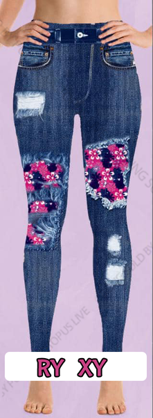 7323 Denim Look w/ Pink Floral DESIGNER LEGGINGS HQ-E32T G