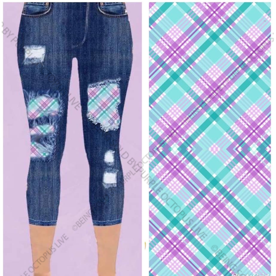 7495 Denim Look w/ Mint Plaid DESIGNER LEGGINGS HQ-G9C