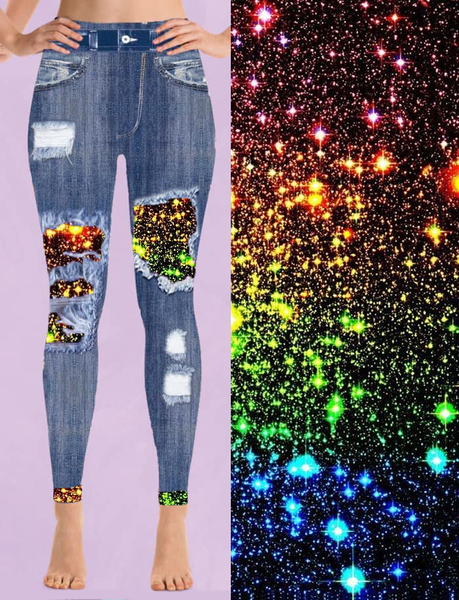 7560 Denim Look w Rainbow Galaxy DESIGNER LEGGINGS or CAPRIS HQ-N119B