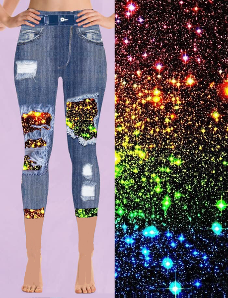7560 Denim Look w Rainbow Galaxy DESIGNER LEGGINGS or CAPRIS HQ-N119B