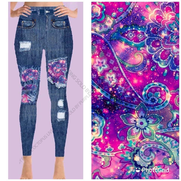 7614 Denim Look w Glitter Paisley DESIGNER LEGGINGS HQ-N116B