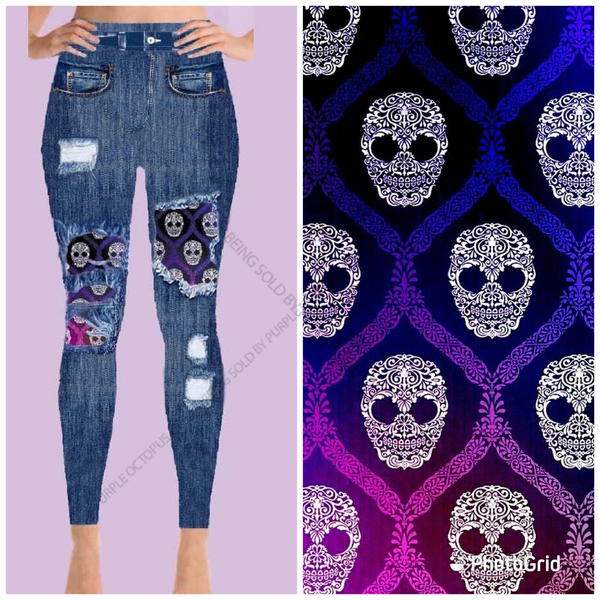 7616 Denim Look w Scroll Skulls DESIGNER LEGGINGS HQ-N106B G