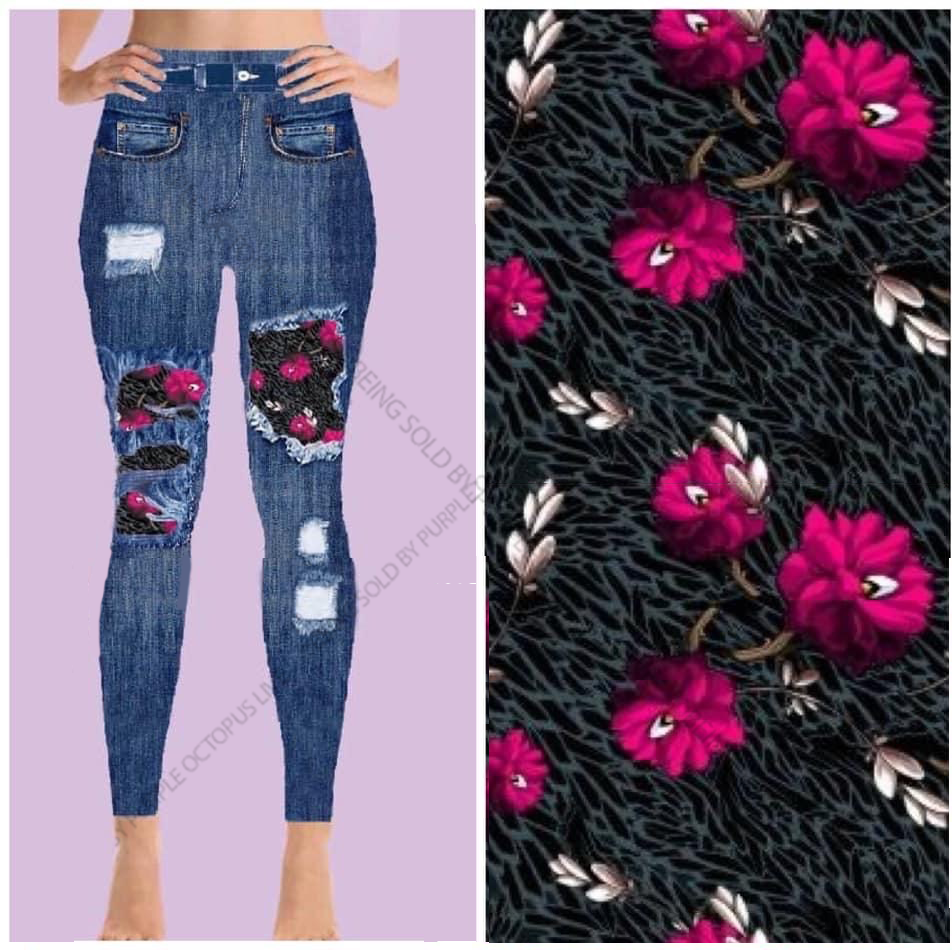 7618 Denim Look w Black Leo Floral DESIGNER LEGGINGS HQ-J16C