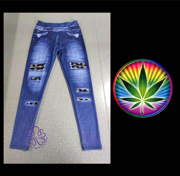 9287 Denim Look w Rainbow Leaves DESIGNER LEGGINGS HQ-BBA1 SO