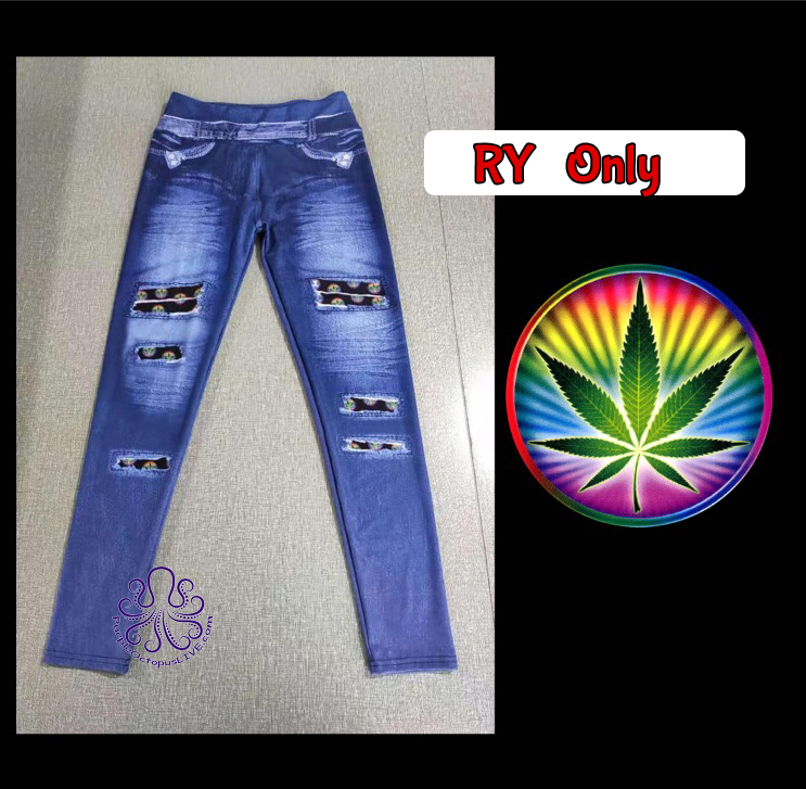 9287 Denim Look w Rainbow Leaves DESIGNER LEGGINGS HQ-BBA1 SO