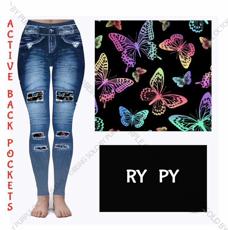 9618 Denim Look w Butterflies DESIGNER LEGGINGS HQ-A48A