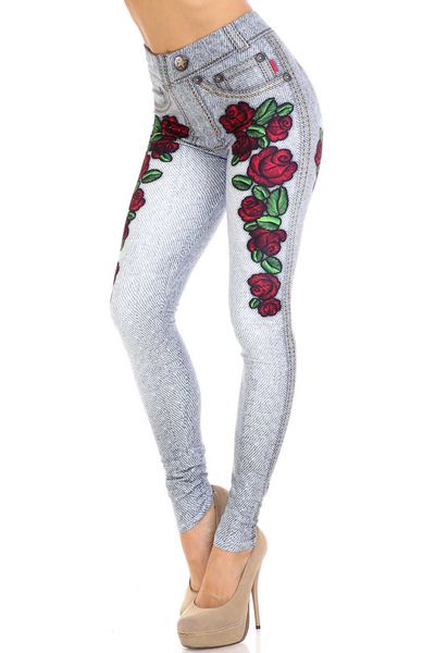 2500 Denim Look W Roses PREM LEGGINGS HQ-D18A