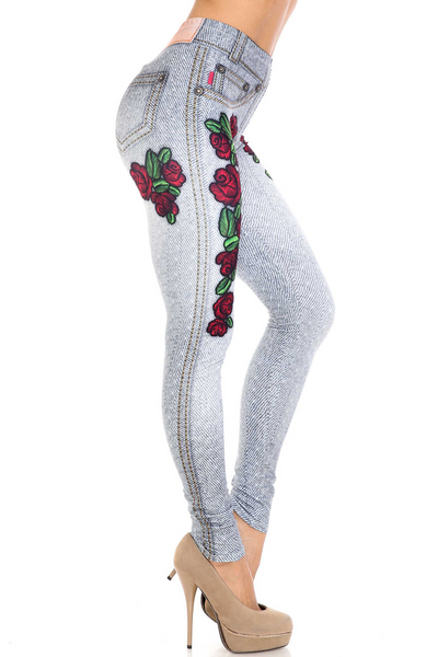 2500 Denim Look W Roses PREM LEGGINGS HQ-D18A