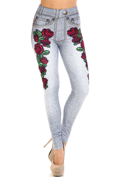 2500 Denim Look W Roses PREM LEGGINGS HQ-D18A