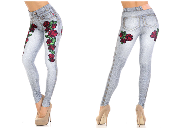 2500 Denim Look W Roses PREM LEGGINGS HQ-D18A