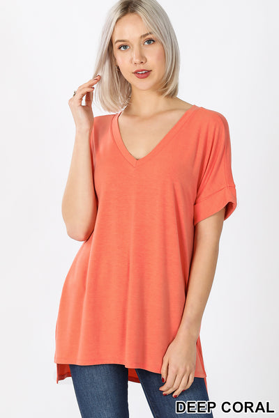 11015 1/4S Rolled V Neck HiLo Sid Slit TOP in DEEP CORAL HQ-N102B