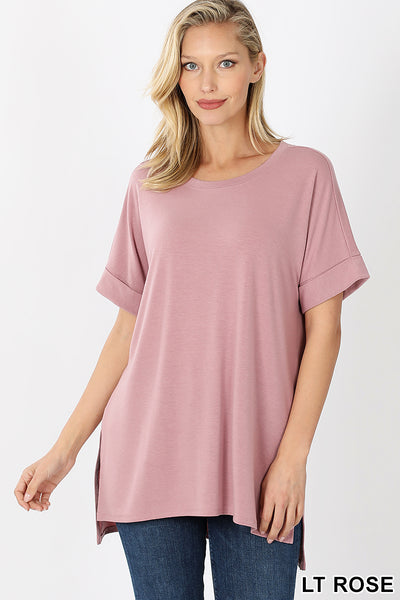11018 1/4S Rolled R Neck HiLo Side Slit TOP in LT ROSE HQ-N53B