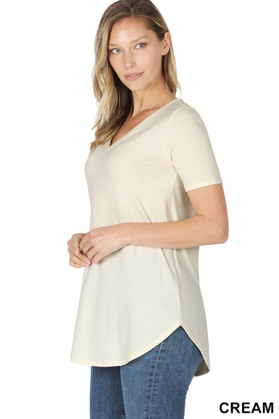 11078 1/4S V Neck Round Hem TOP in CREAM HQ-HA52C G