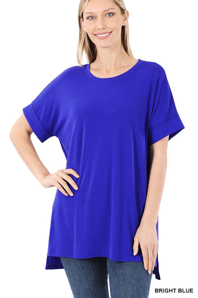 11084 1/4S Rolled R Neck HiLo Side Slit TOP in BRIGHT BLUE HQ-N2C
