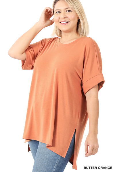 11085 1/4S Rolled R Neck HiLo Side Slit TOP in BUTTER ORANGE HQ-N8C
