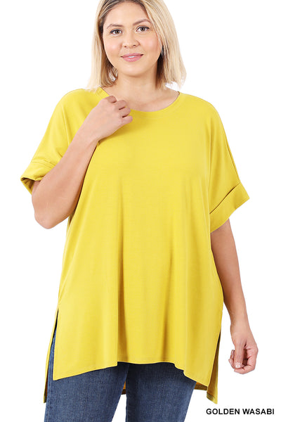 11086 1/4S Rolled R Neck HiLo Side Slit TOP in GOLDEN WASABI HQ-N18C