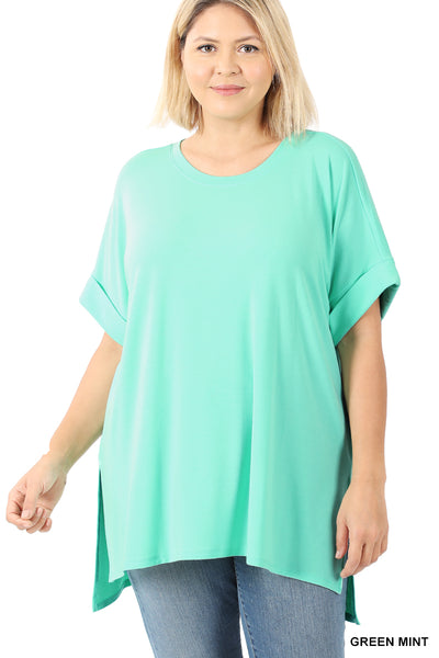 11087 1/4S Rolled R Neck HiLo Side Slit TOP in GREEN MINT HQ-AA8C