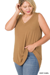11203 0/0S V Neck HiLo Hem TOP in DEEP CAMEL HQ-T107C