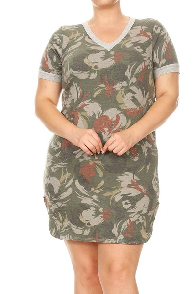 1510 1/4S VNeck Green Camo T Shirt PRINT DRESS HQ-G38A