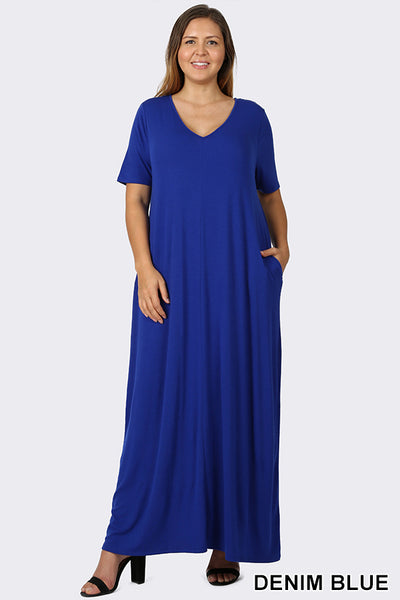 1528 1/4S V Neck Maxi DRESS w PKTS in DENIM BLUE HQ-G7A