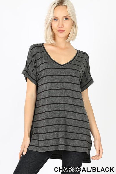4050 1/4S Stripe V Neck Rolled Sleeve TOP in CHARCOAL HQ-KO