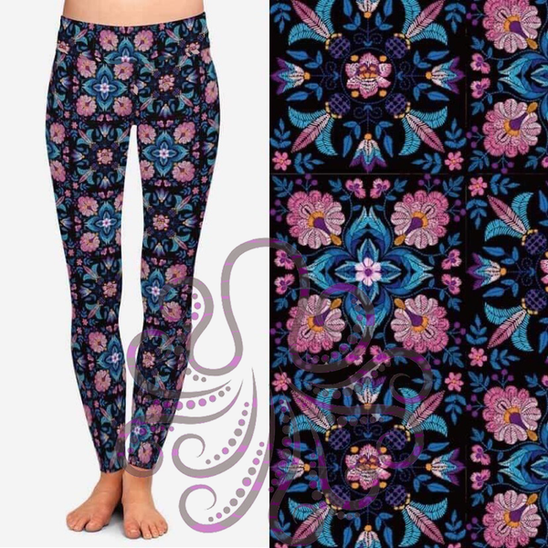 $17 .. PY .. 211 Water Lotus Stitched A DESIGNER LEGGINGS HQ-PBB G