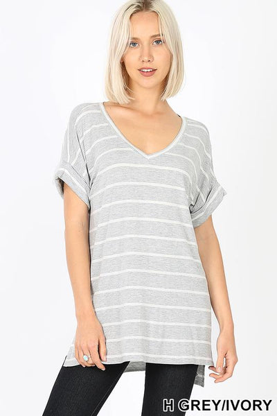 4048 1/4S Stripe V Neck Rolled Sleeve TOP in HEATHER GREY HQ-J2A