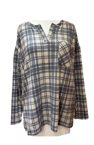 30021 4/4S Slit VN GREY/TAUPE Plaid PRINT TOP w PKT HQ-M83B