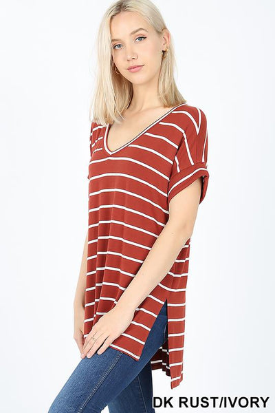 4045 1/4S Stripe V Neck Rolled Sleeve TOP in DK RUST HQ-KO