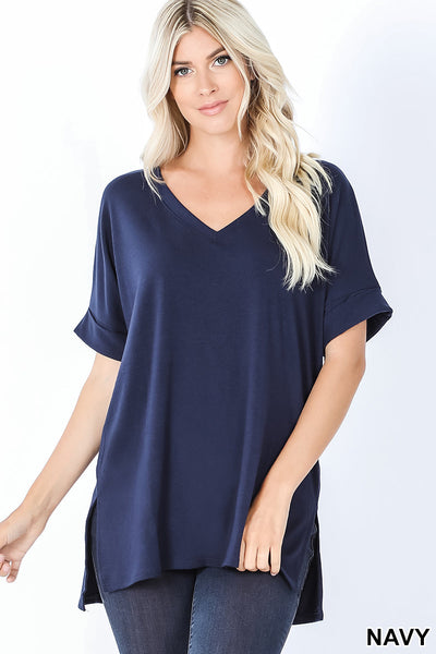 4065 1/4S Rolled V Neck HiLo Side Slit TOP in NAVY HQ-N16B