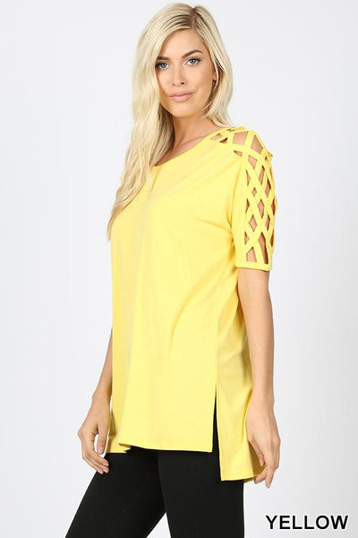4552 1/4S Criss Cross Shoulder HiLo Hem TOP in YELLOW JV-N18B