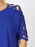 4559 1/4S Criss Cross Shoulder HiLo Hem TOP in DENIM BLUE JV-ZSO