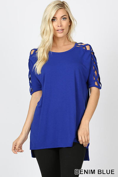 4559 1/4S Criss Cross Shoulder HiLo Hem TOP in DENIM BLUE JV-ZSO