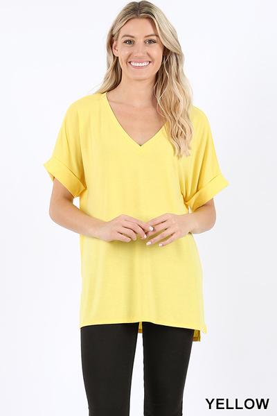 4573 1/4S Rolled V Neck HiLo Side Slit TOP in YELLOW HQ-M13C