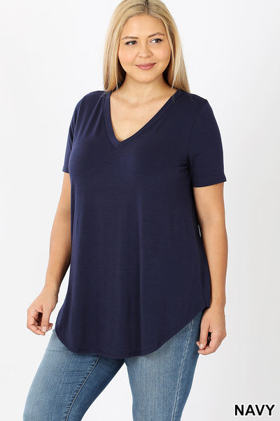 4769 1/4S V Neck Round Hem TOP in NAVY HQ-H8B