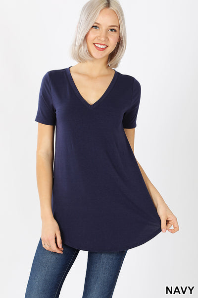 4769 1/4S V Neck Round Hem TOP in NAVY HQ-H8B