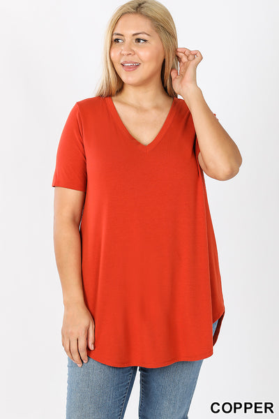 4771 1/4S V Neck Round Hem TOP in COPPER HQ-G2B