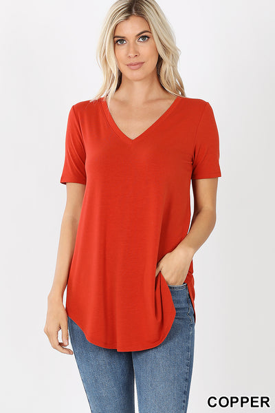 4771 1/4S V Neck Round Hem TOP in COPPER HQ-G2B