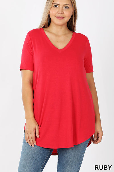 4838 1/4S V Neck Round Hem TOP in RUBY HQ-I7B